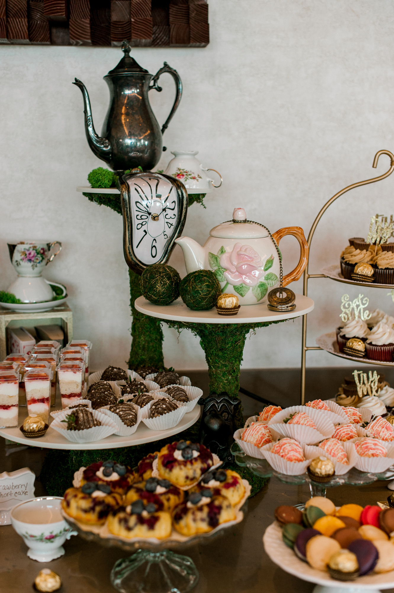 Close up of some of the food and desserts at a bridal shower in the private room at Hotel Melby. 